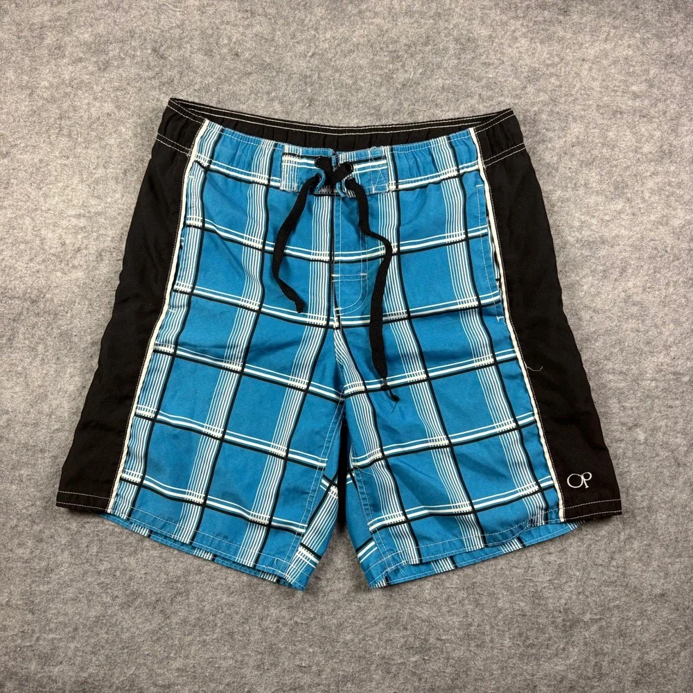 Ocean Pacific Mens Plaid Board Shorts Blue Black Surf Swim Trunks Size S 28-30